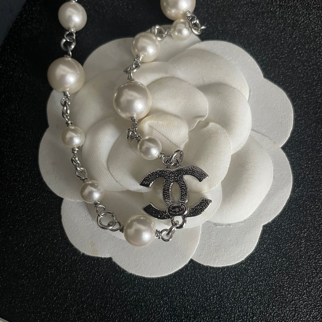 Double-C Emblem Pearl-Detail Pendant Necklace – Pearl Detail – Design 115 front product view
