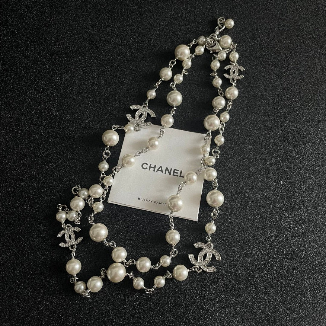 Double-C Emblem Pearl-Detail Pendant Necklace – Pearl Detail – Design 115 detail view