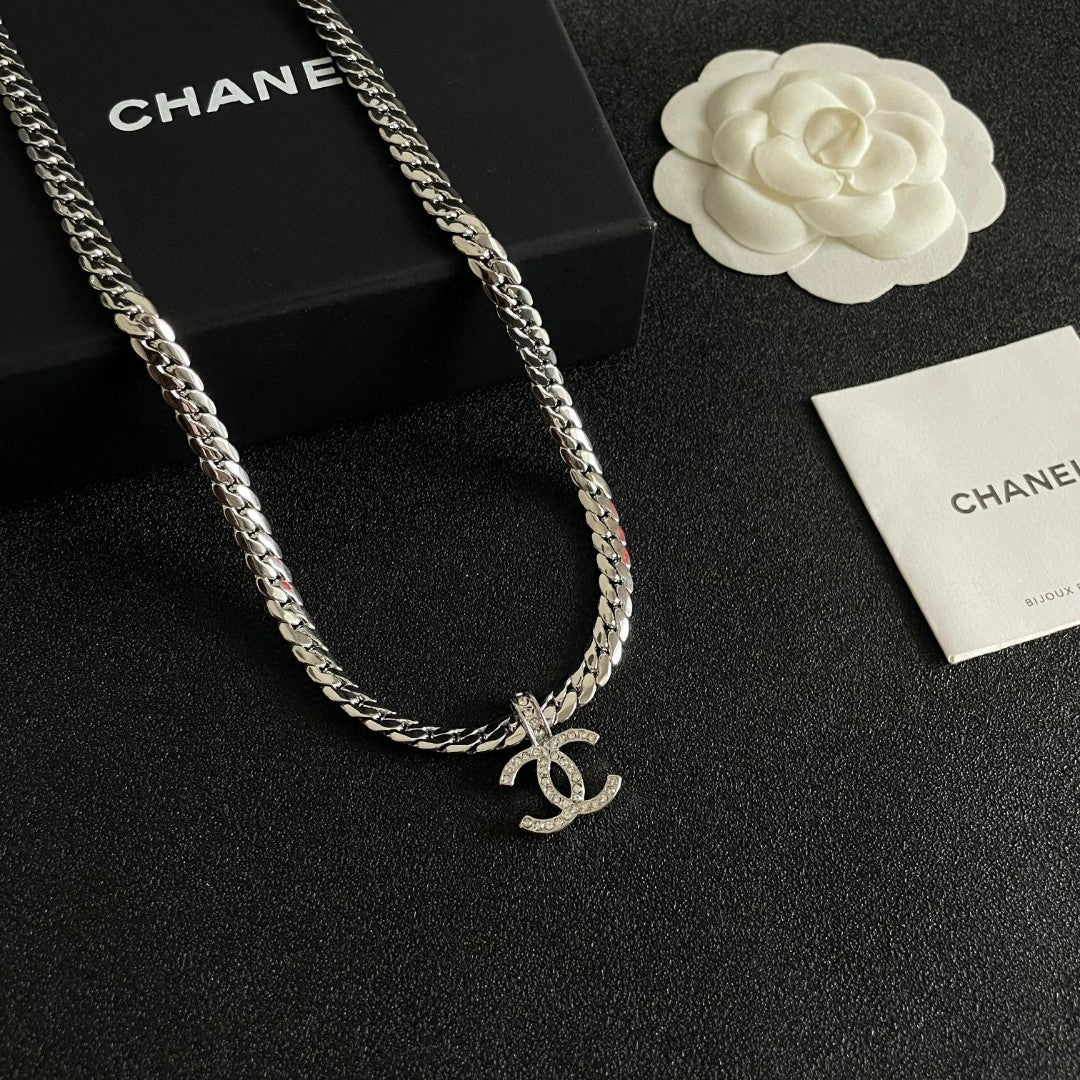 Double-C Emblem Pendant Necklace in Polished Metal-Tone – Design 070 styled product view