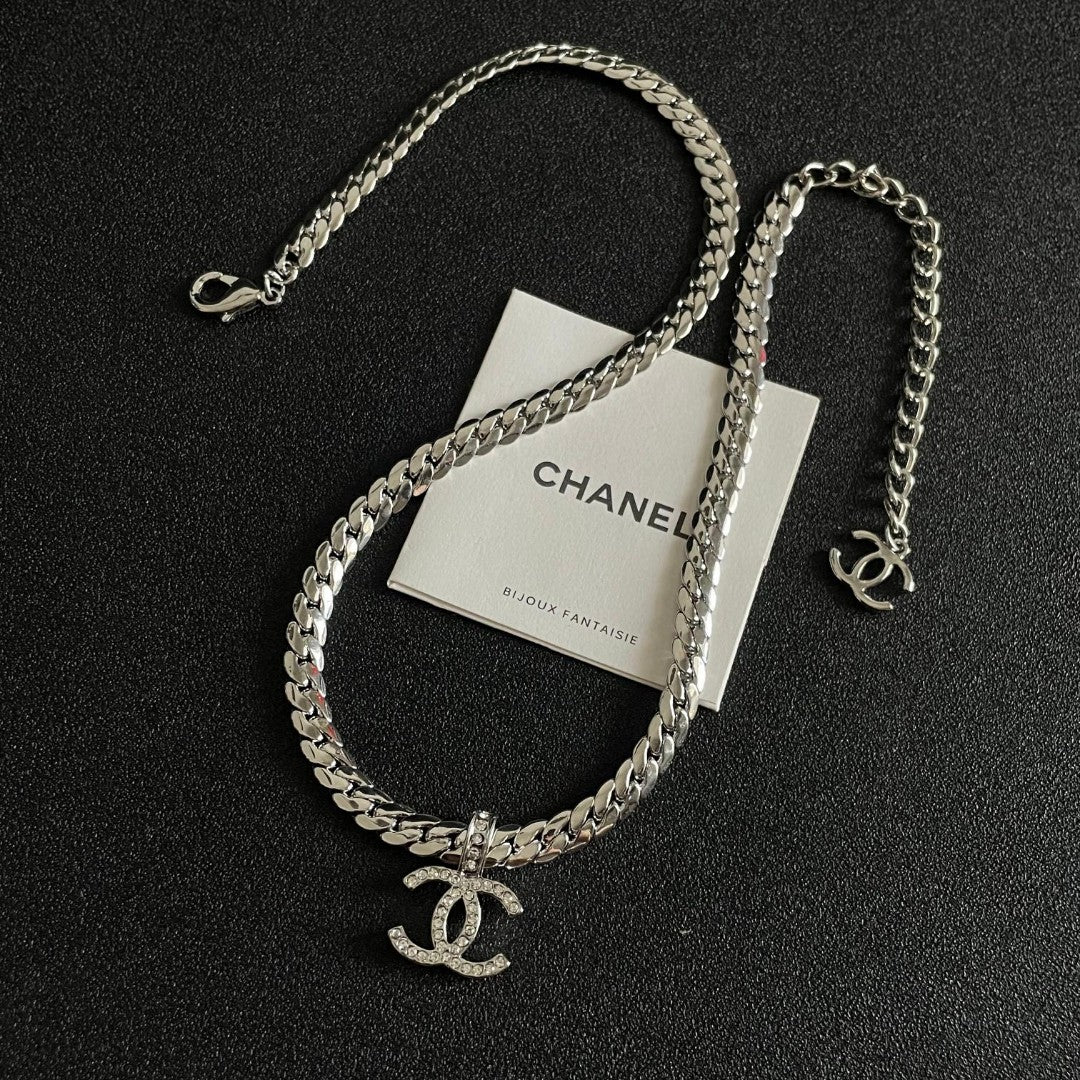 Double-C Emblem Pendant Necklace in Polished Metal-Tone – Design 070 detail view
