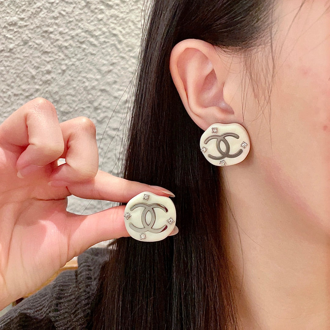 Double-C Emblem Crystal-Accent Stud Earrings – Design 051 side detail