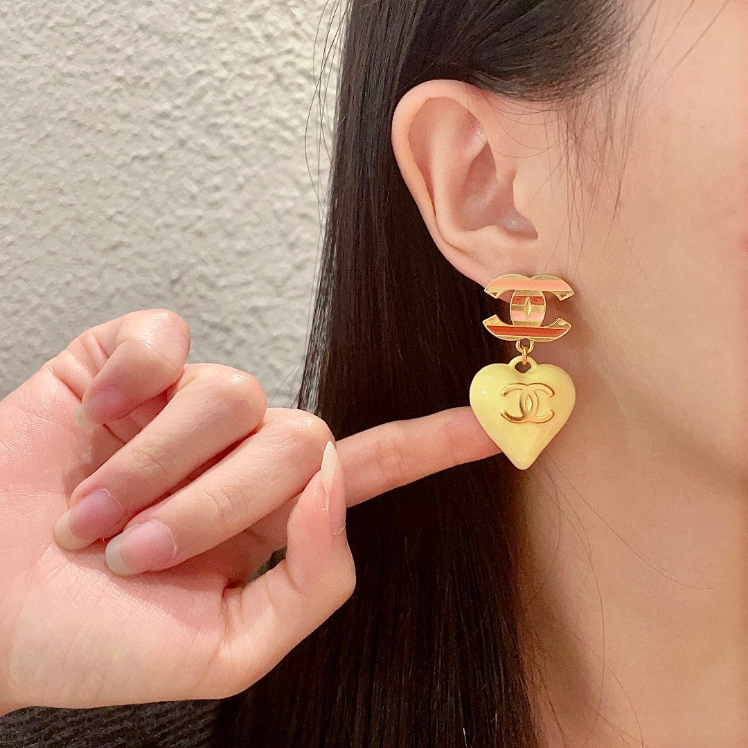 Double-C Emblem Statement Earrings in Polished Metal-Tone – Heart Detail – Design 004 front product view