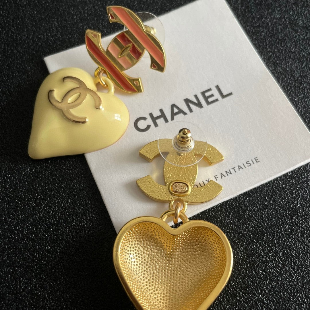 Double-C Emblem Statement Earrings in Polished Metal-Tone – Heart Detail – Design 004 main product view