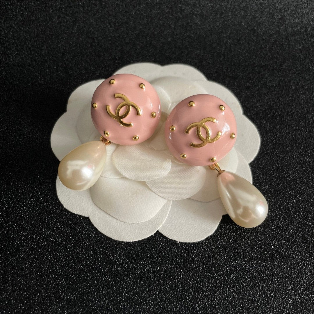 Double-C Emblem Pearl-Detail Statement Earrings – Pearl Detail – Design 027 front product view
