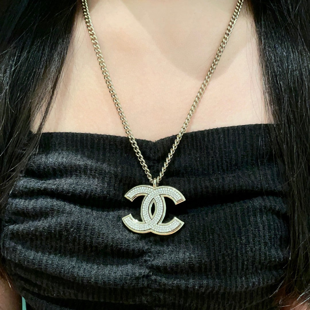 Double-C Emblem Crystal-Accent Pendant Necklace – Design 045 close-up detail