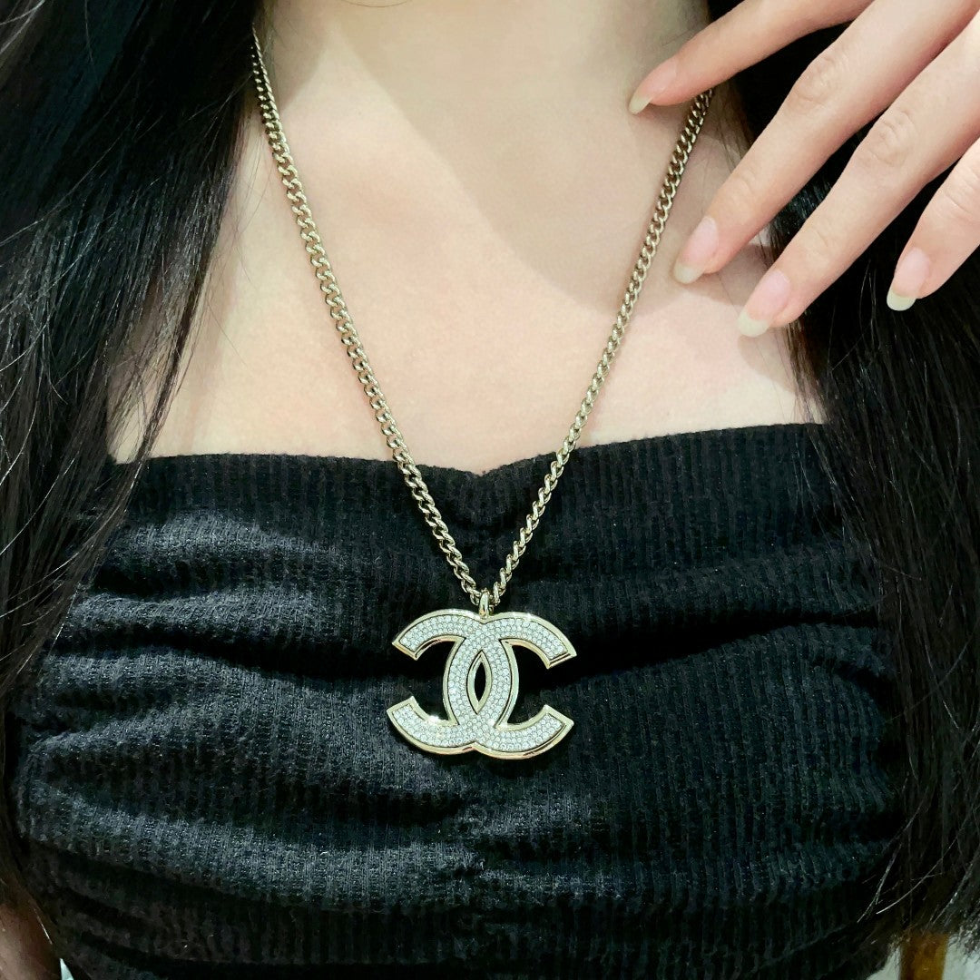 Double-C Emblem Crystal-Accent Pendant Necklace – Design 045 detail view