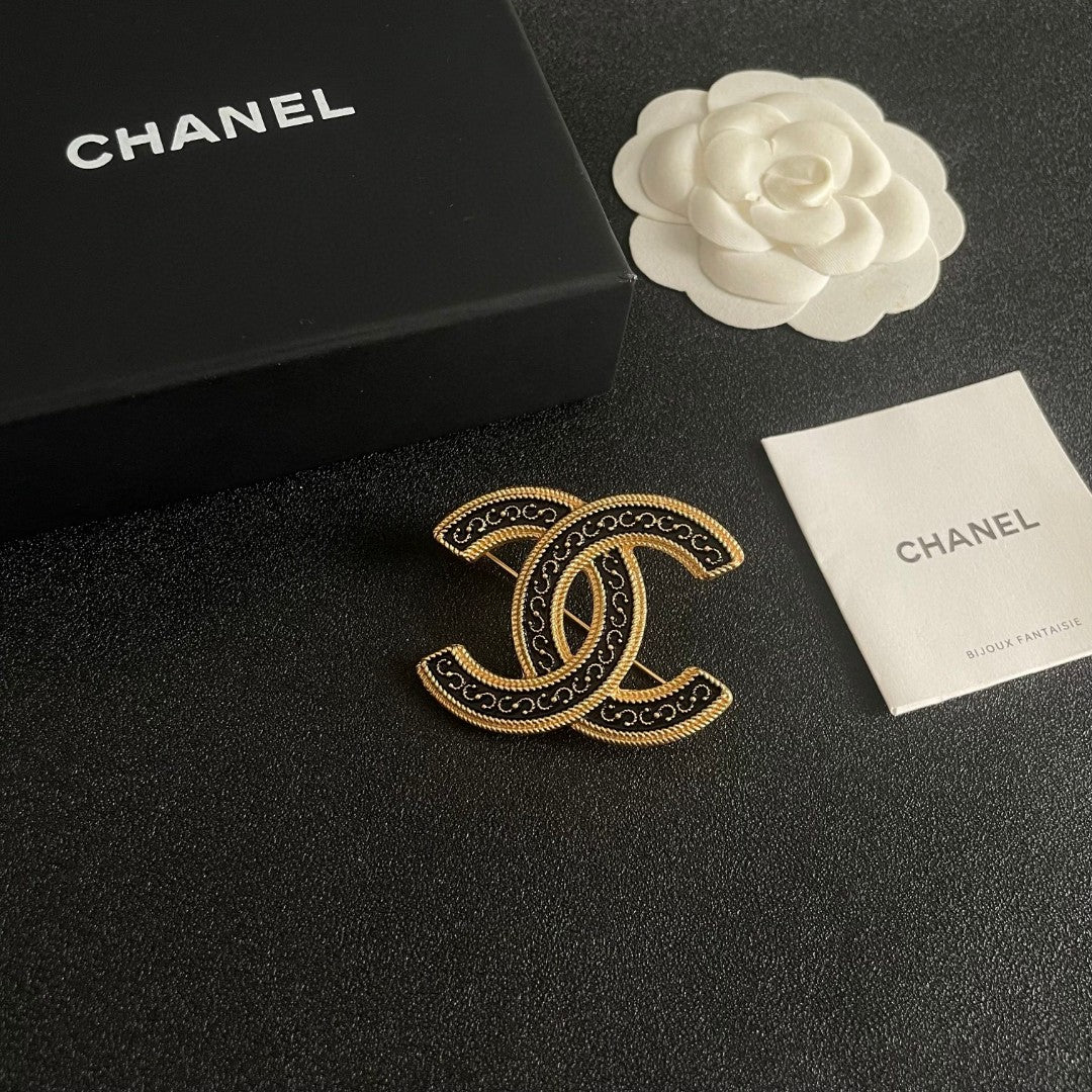 Double-C Emblem Brooch in Polished Metal-Tone – Design 068 styled product view