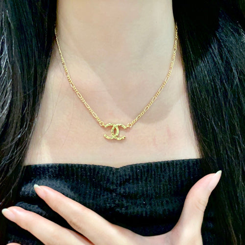 Double-C Emblem Pendant Necklace in Polished Metal-Tone – Design 051 front product view