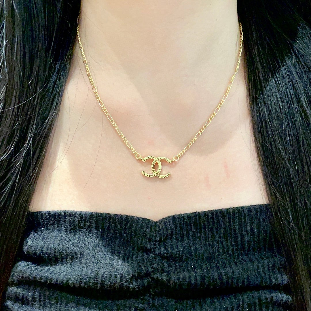 Double-C Emblem Pendant Necklace in Polished Metal-Tone – Design 051 detail view