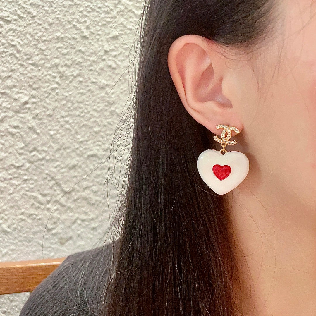 Double-C Emblem Crystal-Accent Statement Earrings – Heart Detail – Design 005 detail view