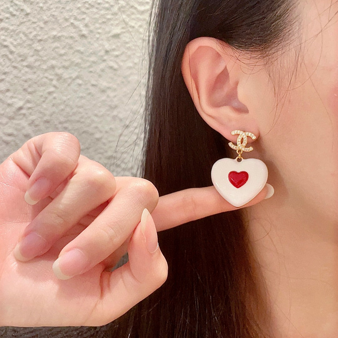 Double-C Emblem Crystal-Accent Statement Earrings – Heart Detail – Design 005 front product view