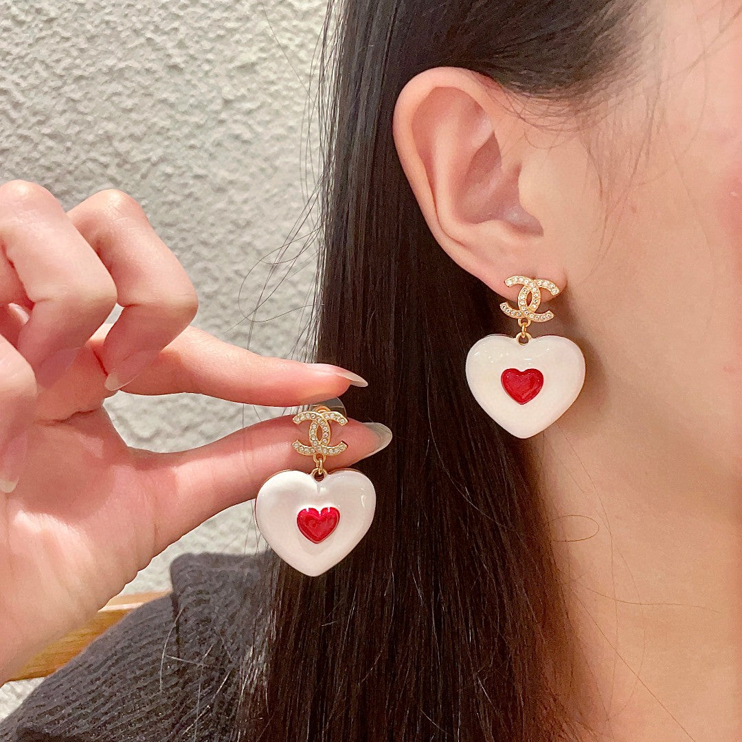 Double-C Emblem Crystal-Accent Statement Earrings – Heart Detail – Design 005 main product view