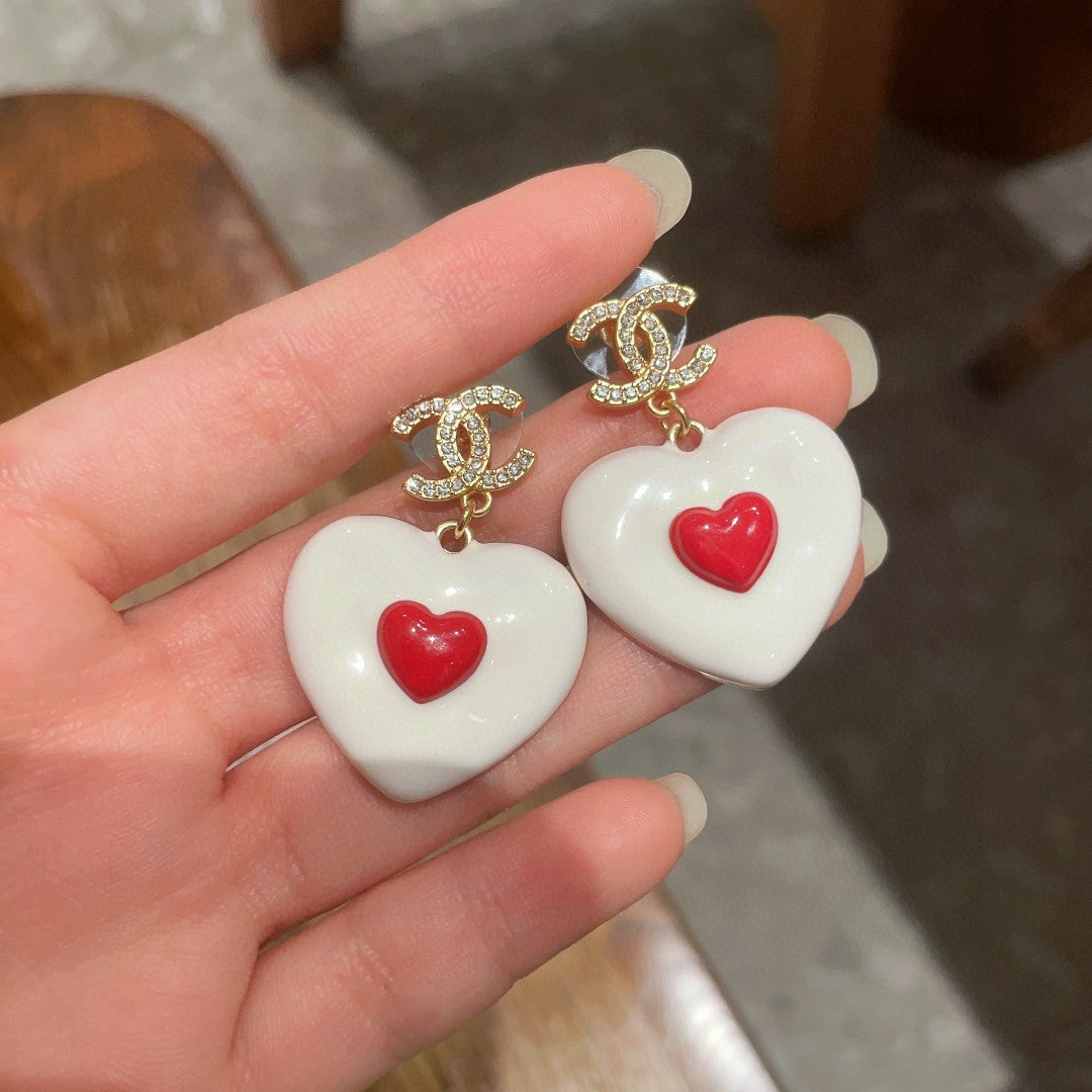 Double-C Emblem Crystal-Accent Statement Earrings – Heart Detail – Design 005 side detail