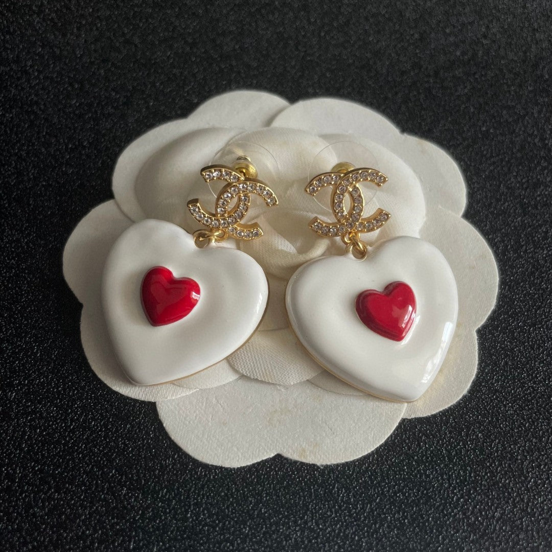 Double-C Emblem Crystal-Accent Statement Earrings – Heart Detail – Design 005 front product view