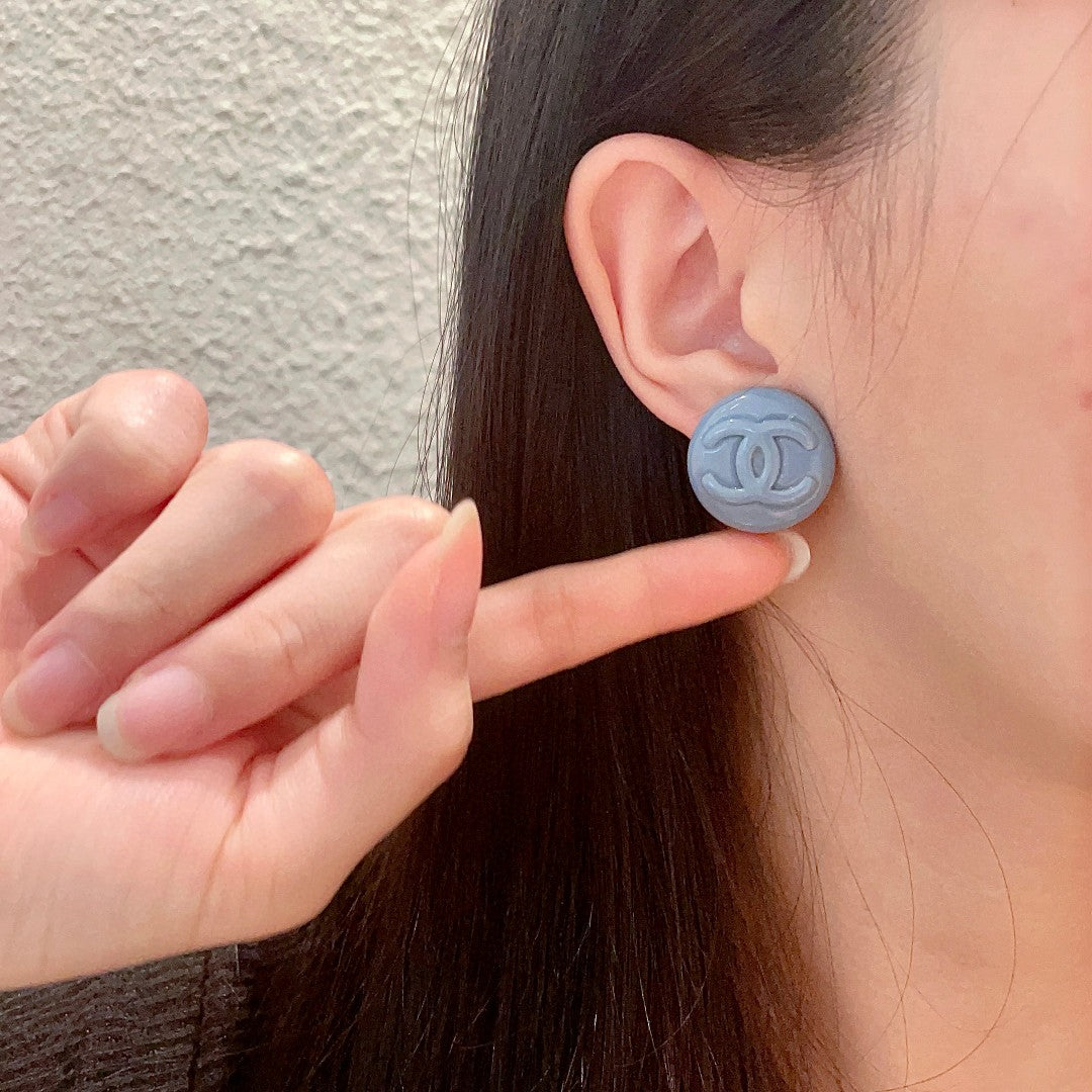 Double-C Emblem Stud Earrings in Polished Metal-Tone – Design 321 front product view