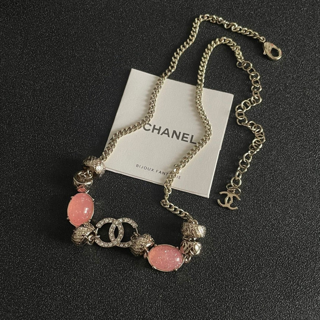Double-C Emblem Pendant Necklace in Polished Metal-Tone – Pink Detail close-up detail