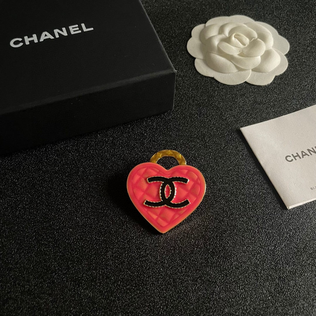 Double-C Emblem Brooch in Polished Metal-Tone – Heart Detail – Design 002 styled product view