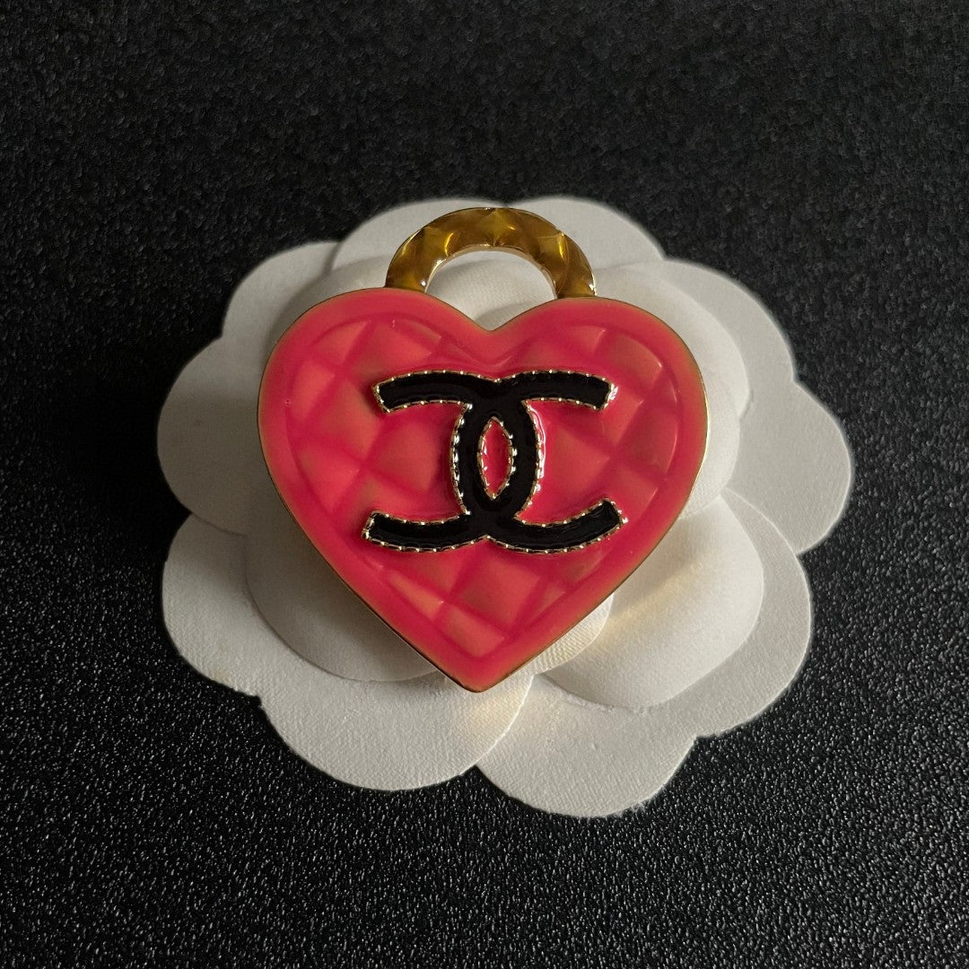Double-C Emblem Brooch in Polished Metal-Tone – Heart Detail – Design 002 front product view