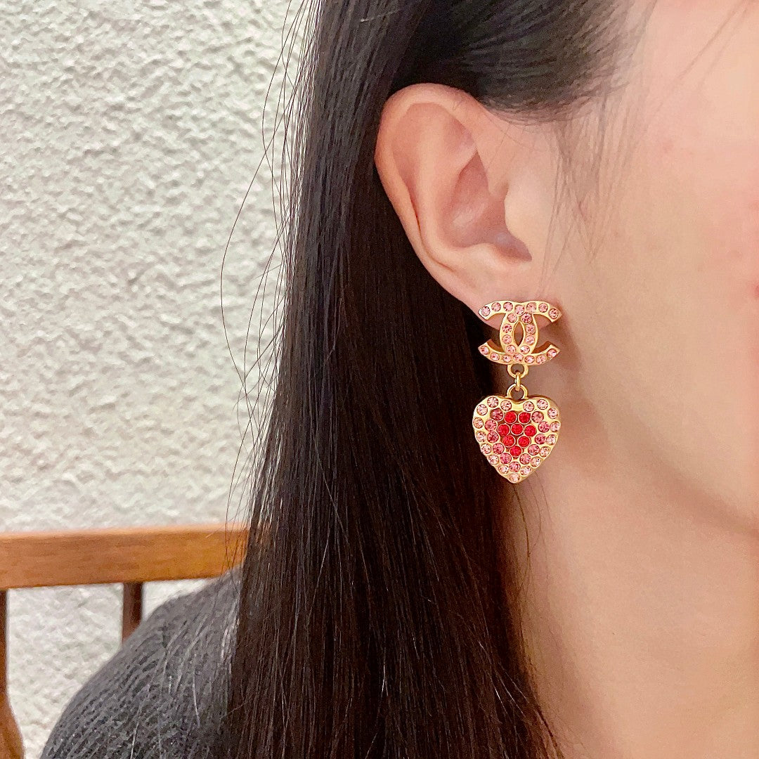 Double-C Emblem Crystal-Accent Statement Earrings – Heart Detail – Design 004 detail view
