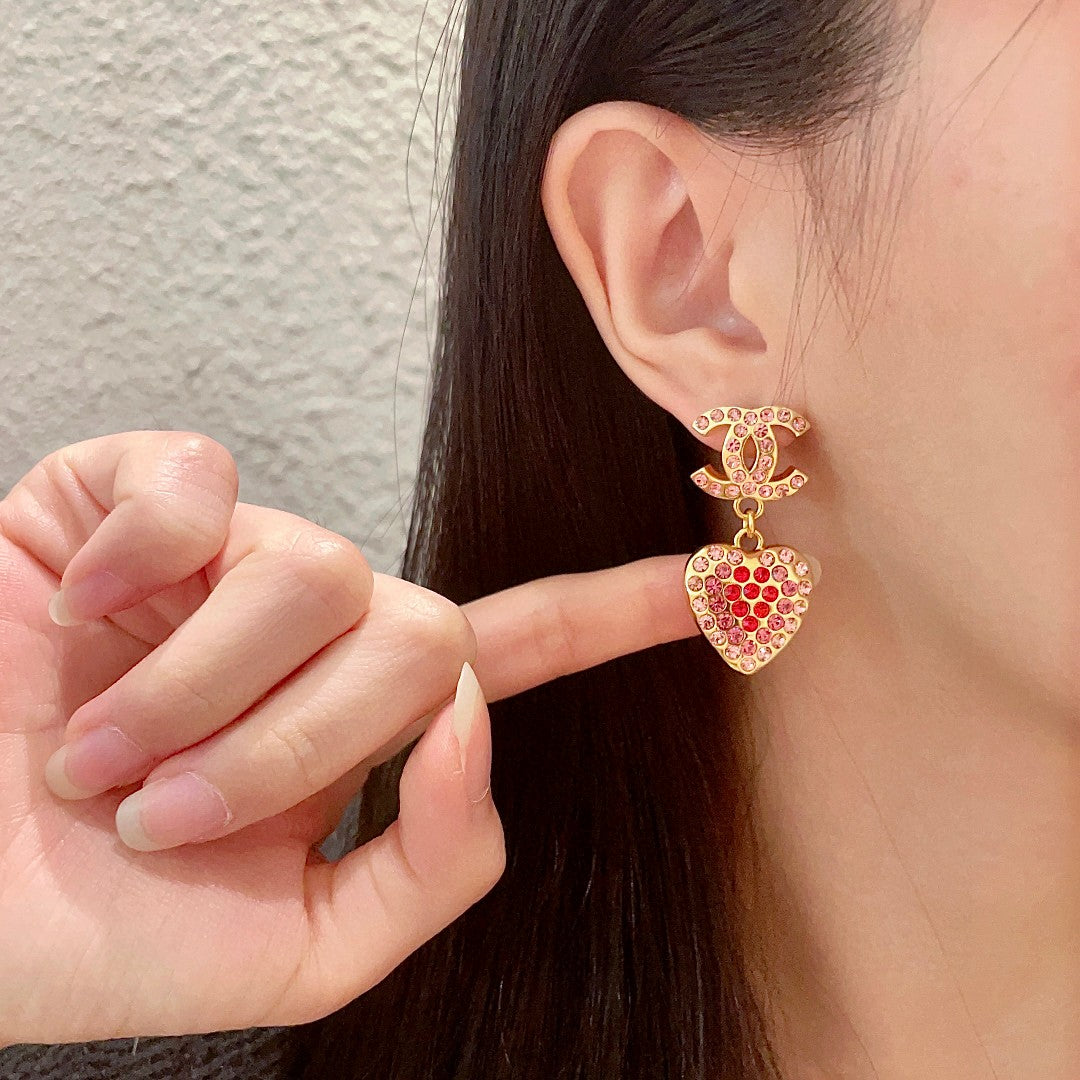 Double-C Emblem Crystal-Accent Statement Earrings – Heart Detail – Design 004 front product view