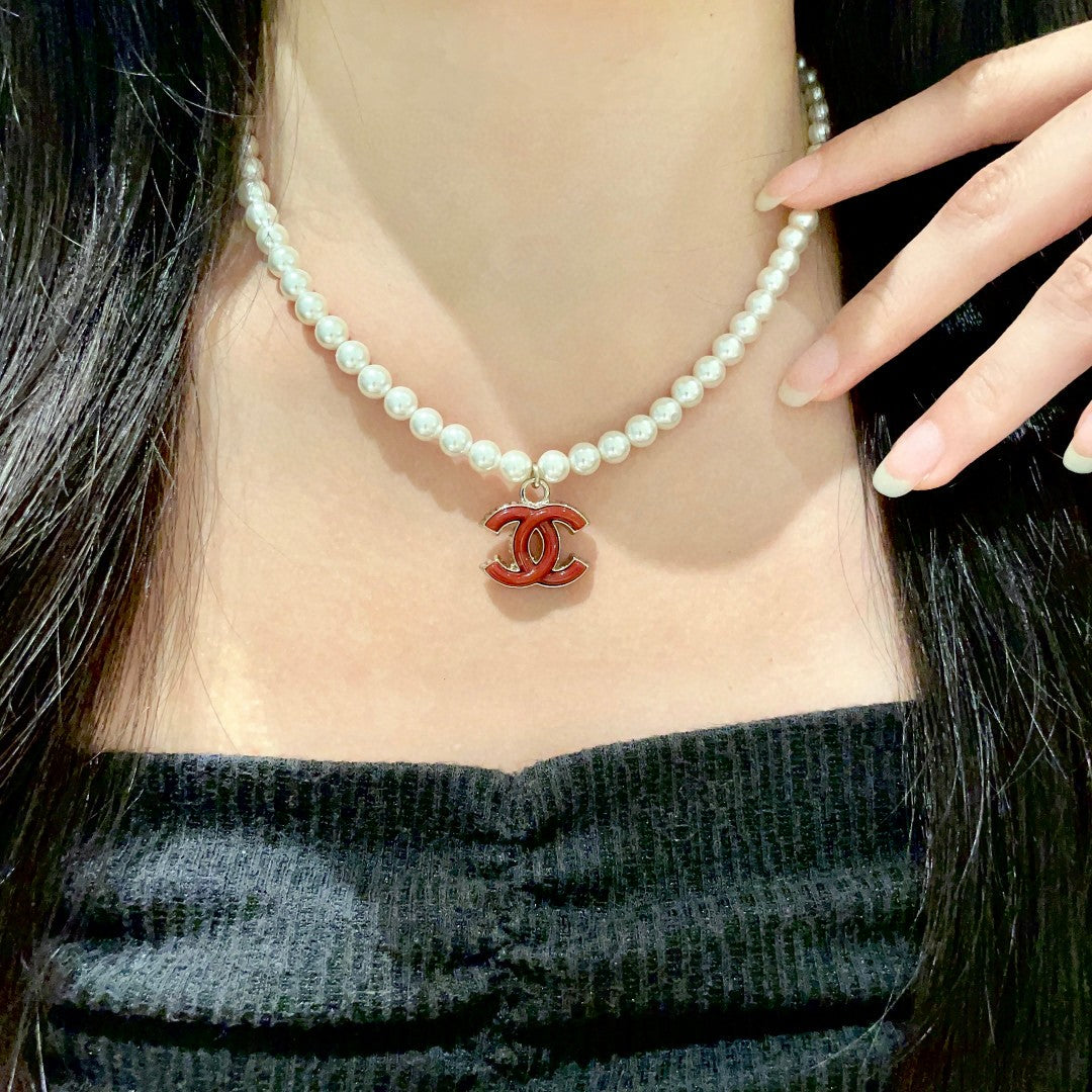 Double-C Emblem Pearl-Detail Pendant Necklace – Pearl Detail – Design 084 main product view