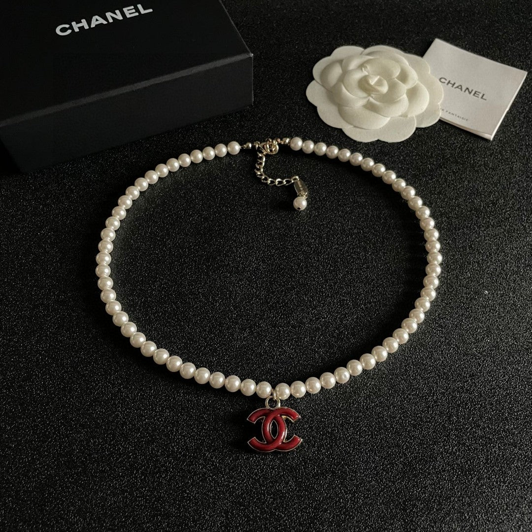 Double-C Emblem Pearl-Detail Pendant Necklace – Pearl Detail – Design 084 close-up detail