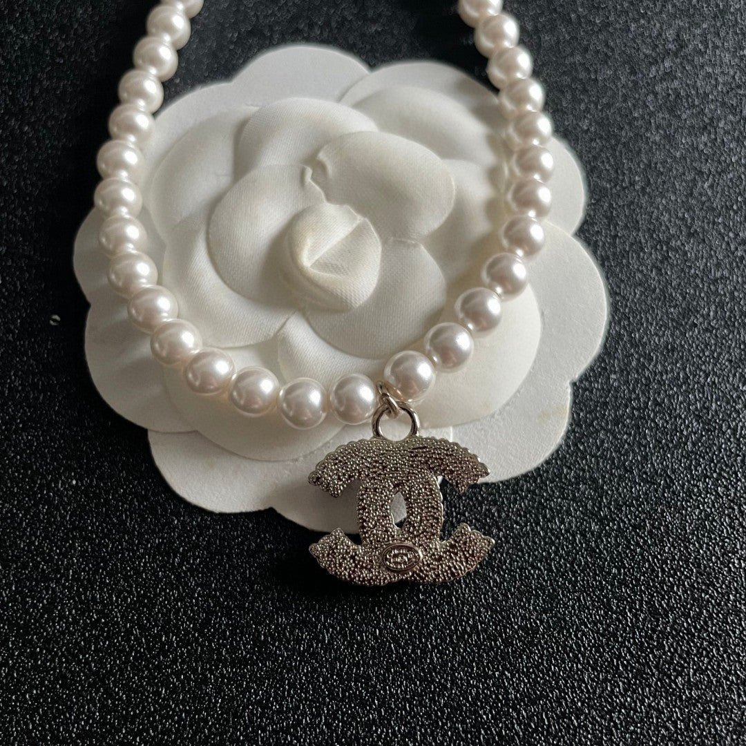Double-C Emblem Pearl-Detail Pendant Necklace – Pearl Detail – Design 084 front product view