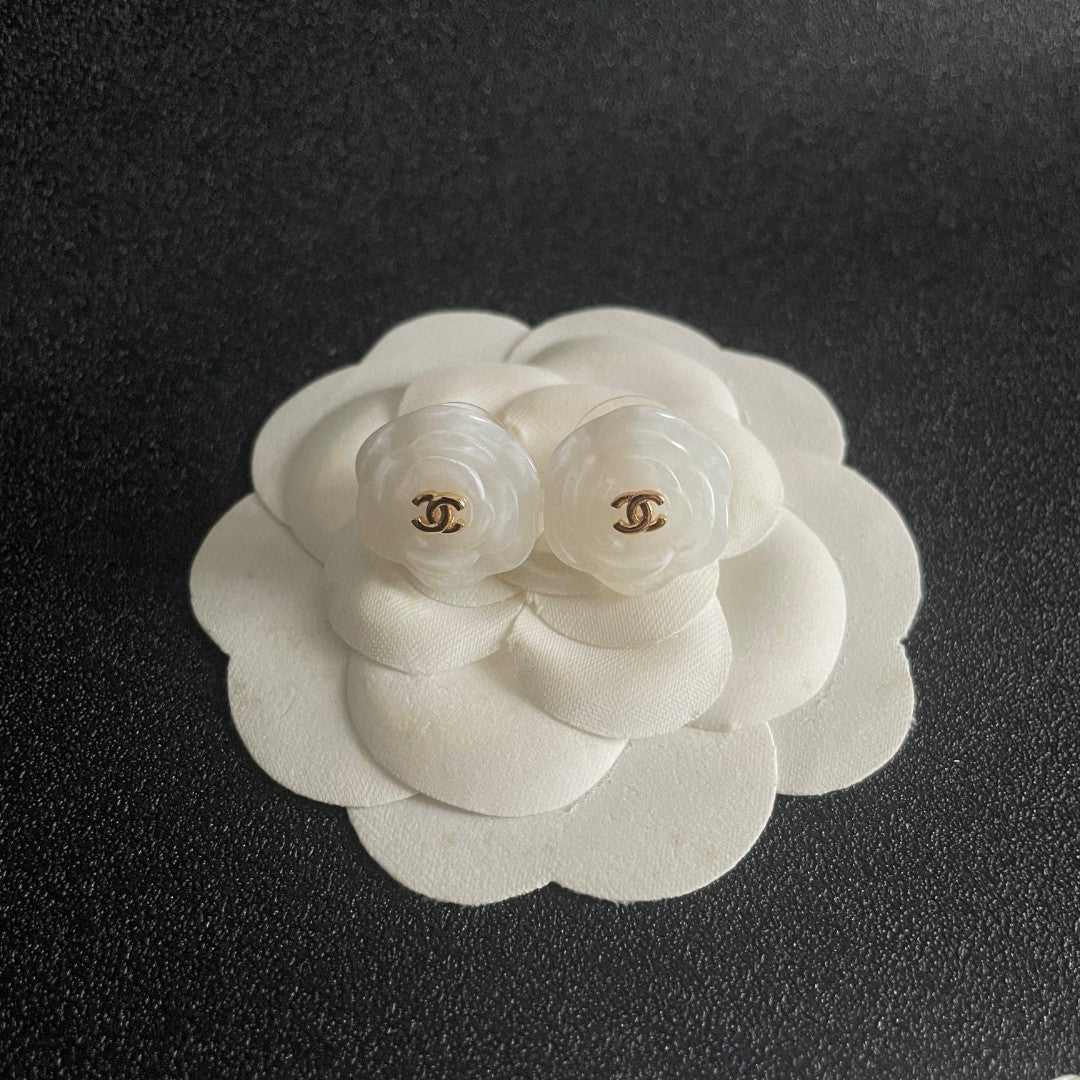 Camellia Stud Earrings in Polished Metal-Tone – Camellia Detail – Design 046 front product view