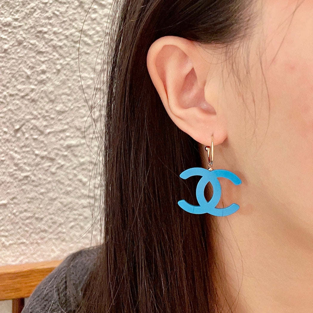 Double-C Emblem Statement Earrings in Polished Metal-Tone – Design 041 detail view