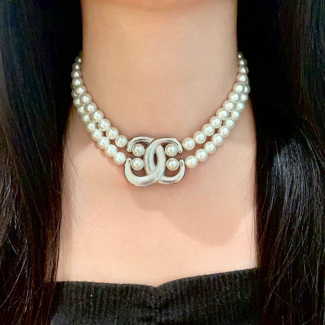 Double-C Emblem Pearl-Detail Pendant Necklace – Pearl Detail – Design 075 main product view