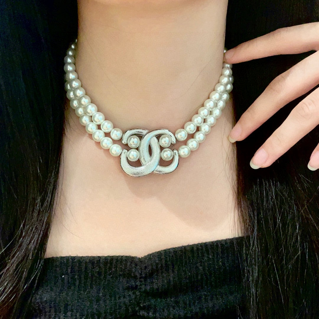 Double-C Emblem Pearl-Detail Pendant Necklace – Pearl Detail – Design 075 detail view