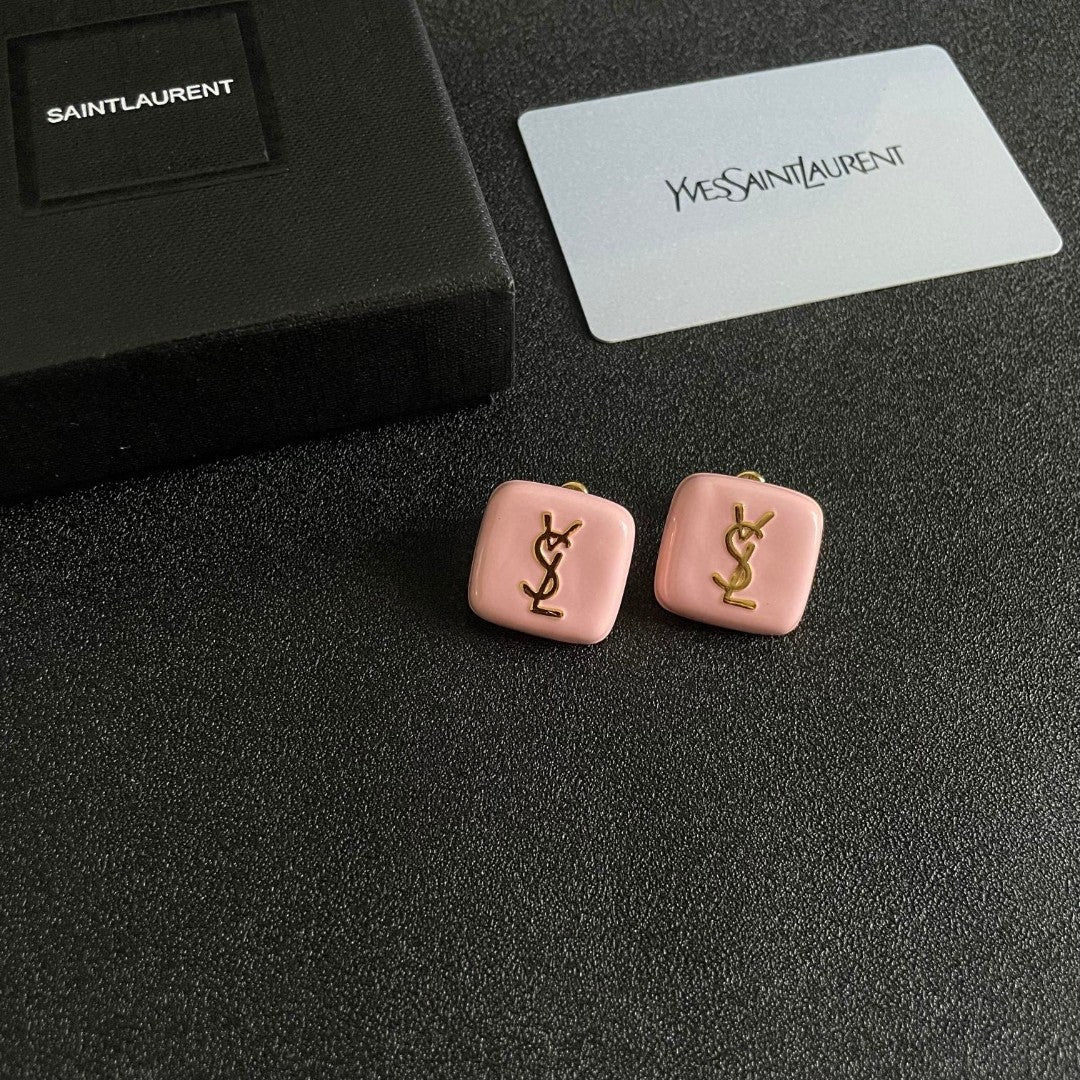 Letter Emblem Stud Earrings in Polished Metal-Tone – Square Detail – Design 002 styled product view