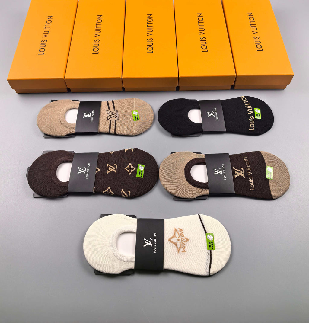 Louis Vuitton Visible Logo, Stripe Or Motif Details No-Show Socks - 5-Pair Set