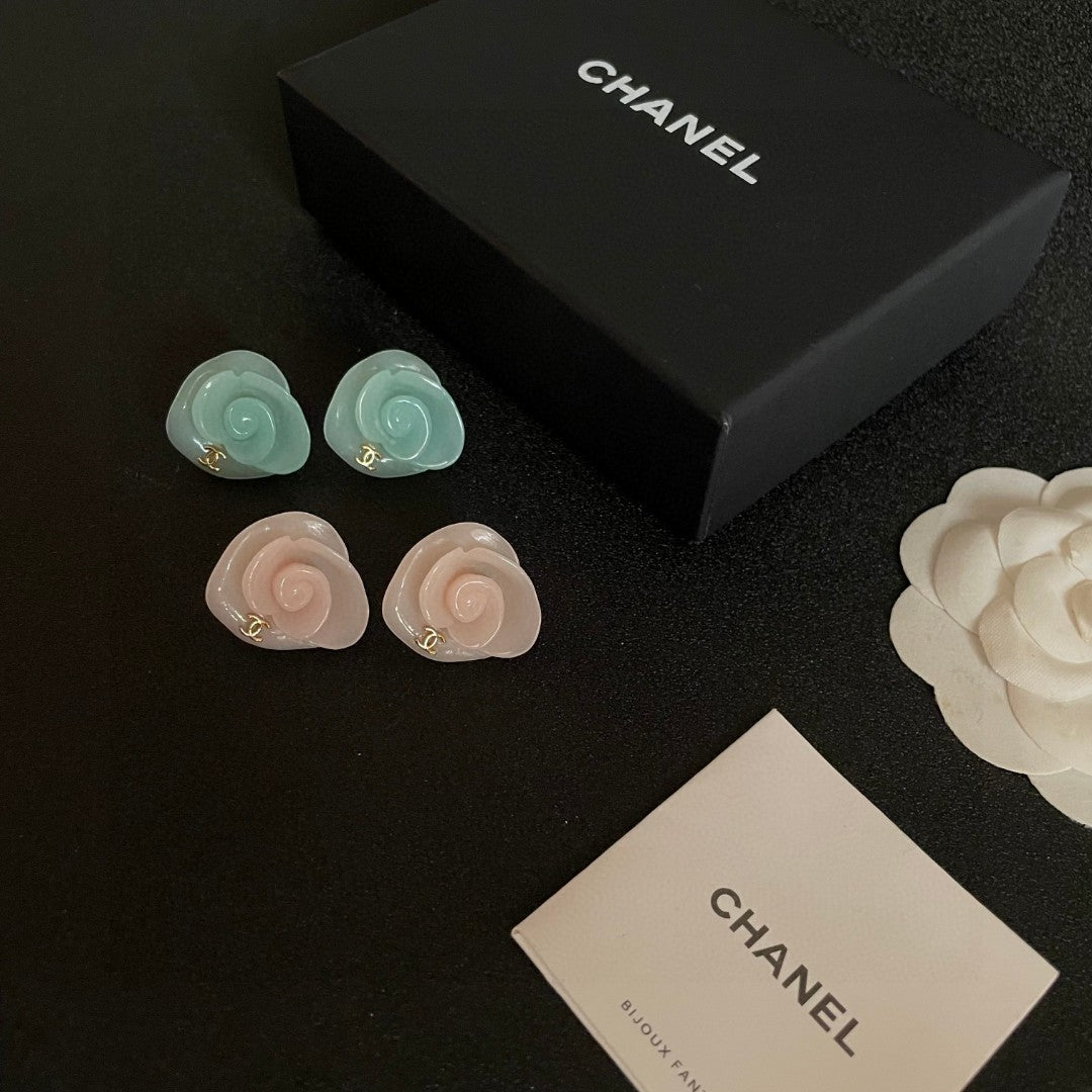 Camellia Stud Earrings in Polished Metal-Tone – Camellia Detail – Design 041 side detail
