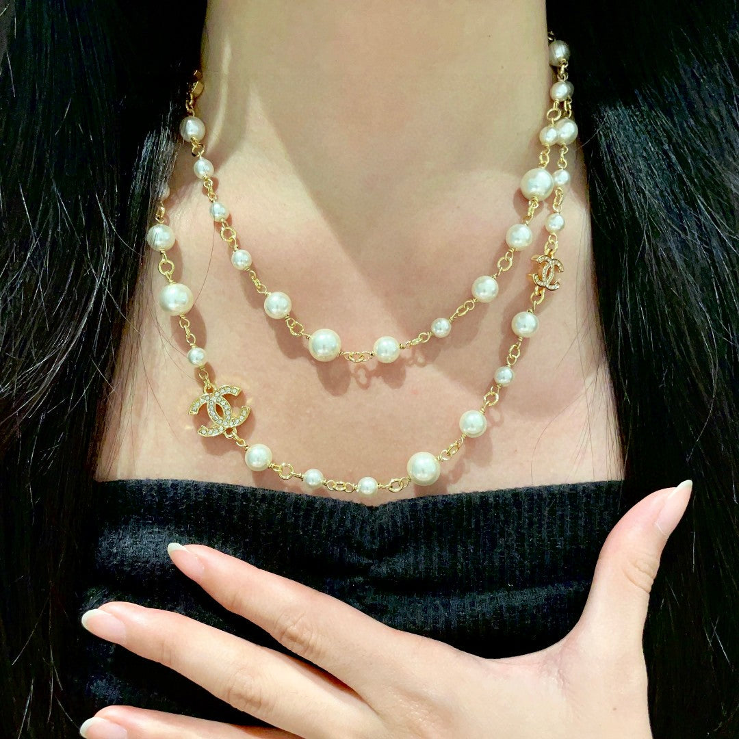 Double-C Emblem Pearl-Detail Pendant Necklace – Pearl Detail – Design 061 front product view