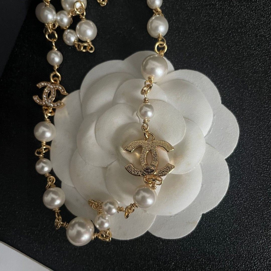 Double-C Emblem Pearl-Detail Pendant Necklace – Pearl Detail – Design 061 front product view