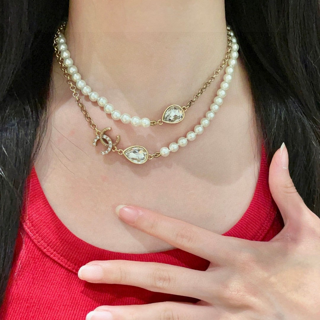 Double-C Emblem Pearl-Detail Pendant Necklace – Pearl Detail – Design 060 front product view