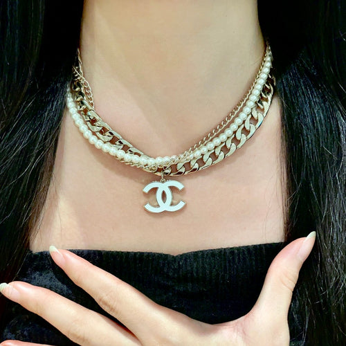 Double-C Emblem Pendant Necklace in Polished Metal-Tone – Design 033 front product view