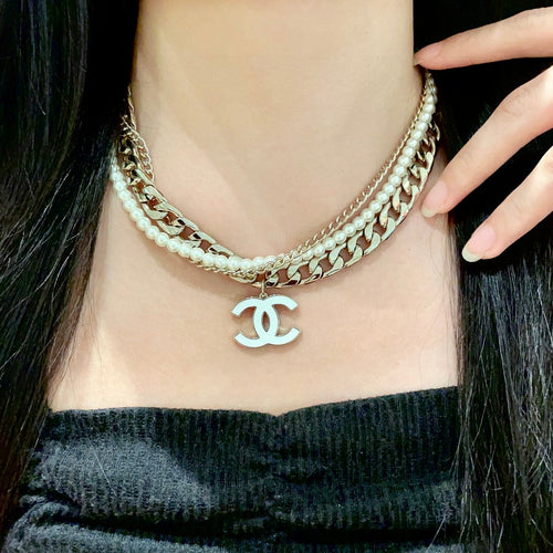 Double-C Emblem Pendant Necklace in Polished Metal-Tone – Design 033 main product view