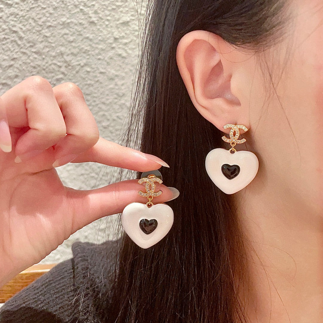Double-C Emblem Crystal-Accent Statement Earrings – Heart Detail – Design 002 main product view