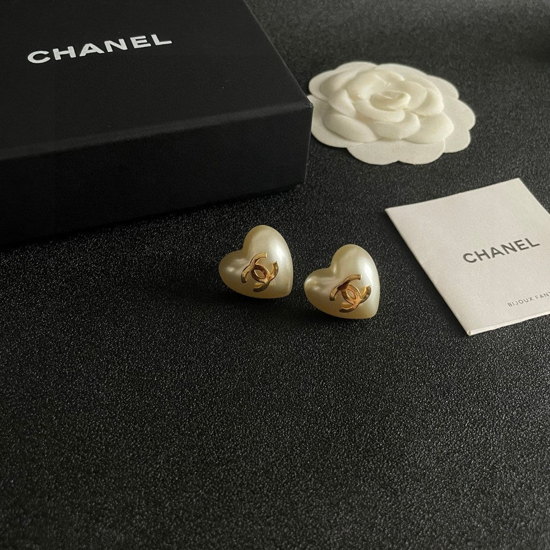 Double-C Emblem Stud Earrings in Polished Metal-Tone – Heart Detail – Design 006 styled product view