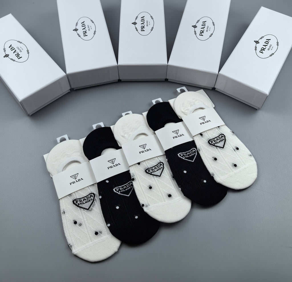 Prada Combed cotton Visible Logo, Stripe Or Motif Details Crew Socks - 5-Pair Set