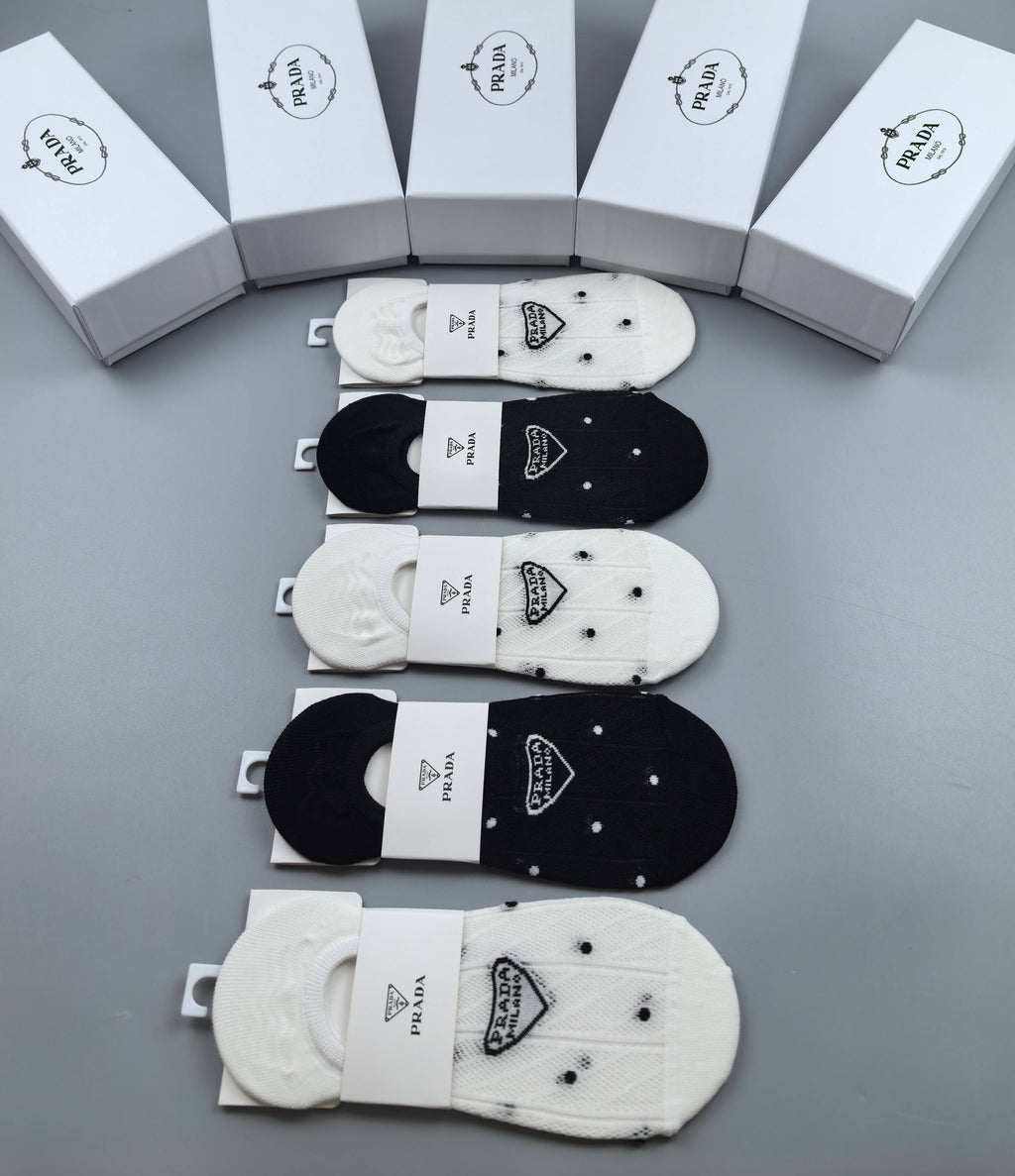 Prada Combed cotton Visible Logo, Stripe Or Motif Details Crew Socks - 5-Pair Set