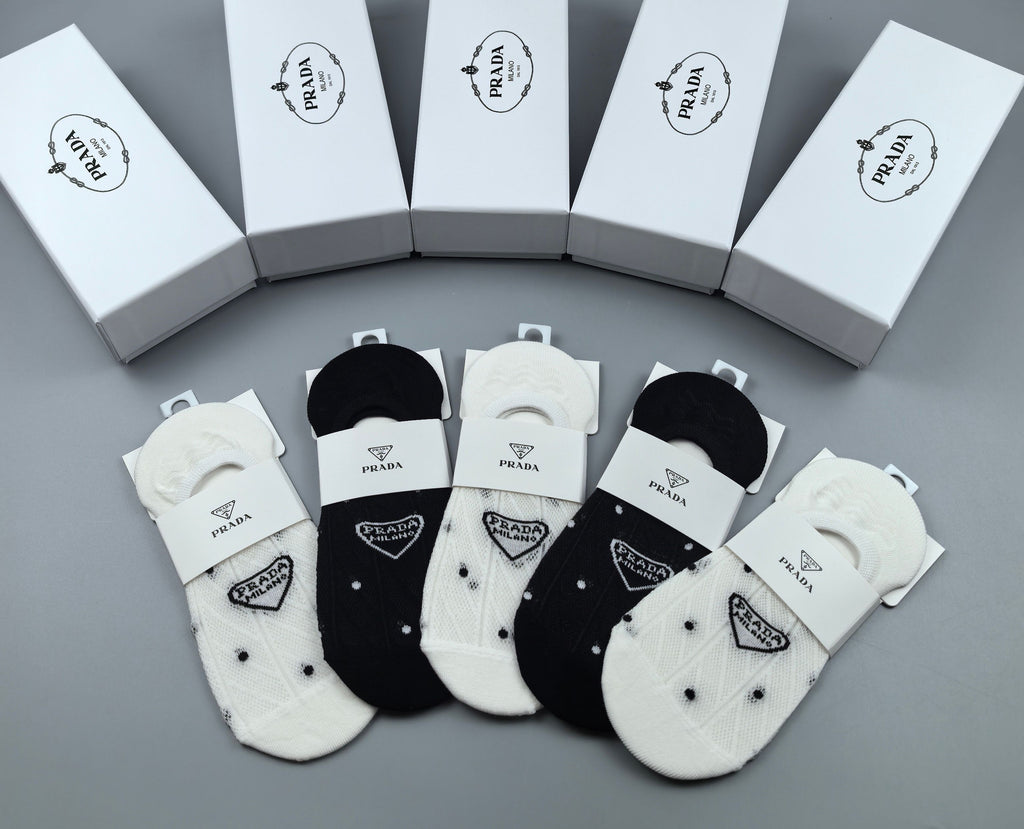 Prada Combed cotton Visible Logo, Stripe Or Motif Details Crew Socks - 5-Pair Set
