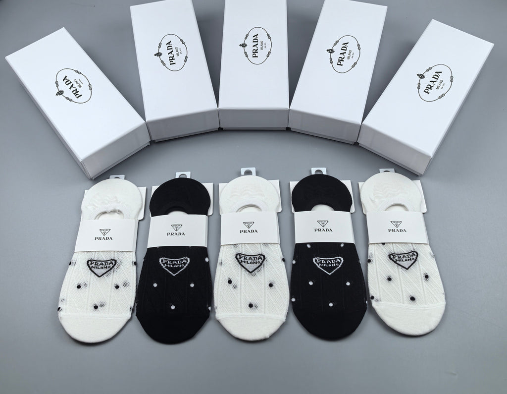 Prada Combed cotton Visible Logo, Stripe Or Motif Details Crew Socks - 5-Pair Set
