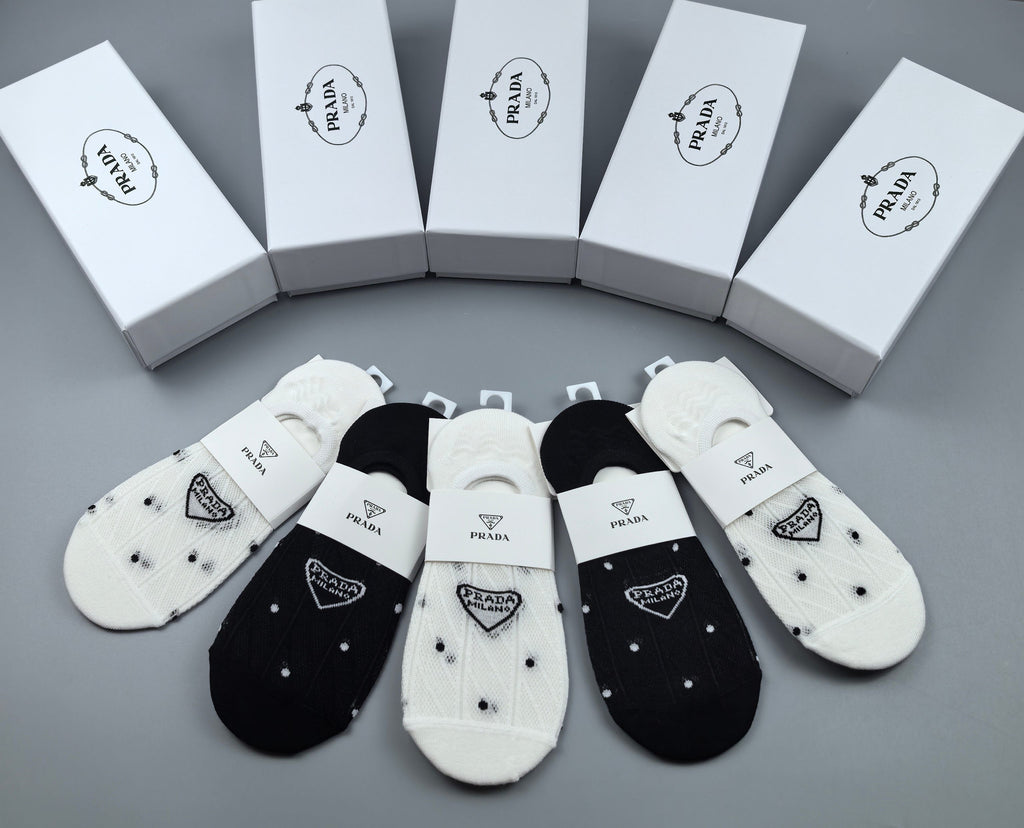 Prada Combed Cotton No-Show Socks - 5-Pair Box