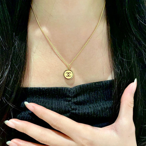 Double-C Emblem Pendant Necklace in Polished Metal-Tone – Design 028 front product view