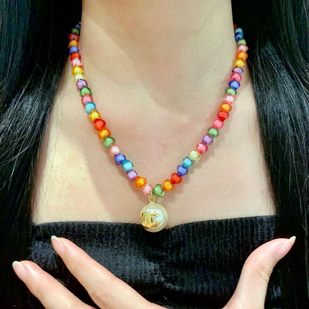 Double-C Emblem Pearl-Detail Pendant Necklace – Pearl Detail – Design 050 front product view