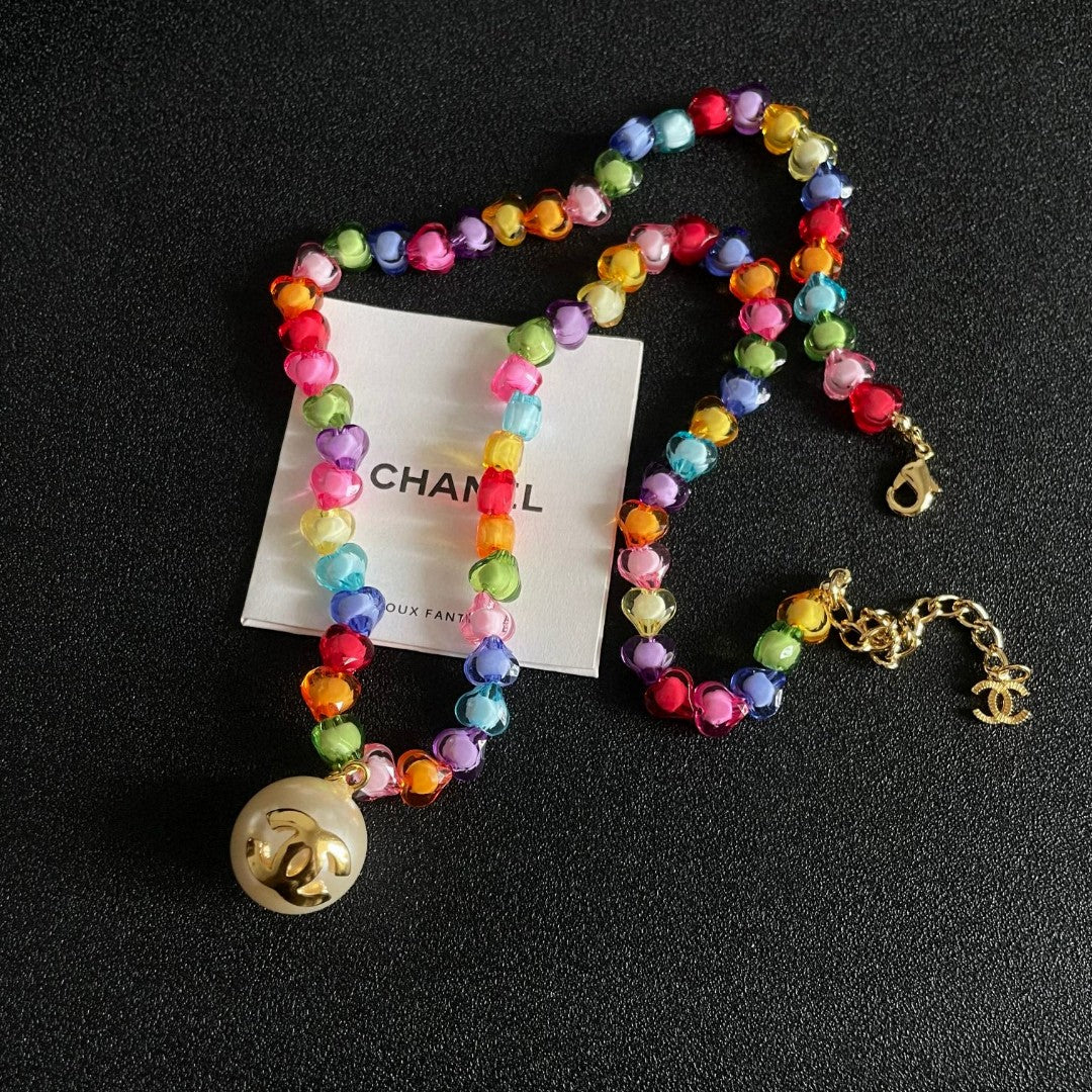 Double-C Emblem Pearl-Detail Pendant Necklace – Pearl Detail – Design 050 front product view