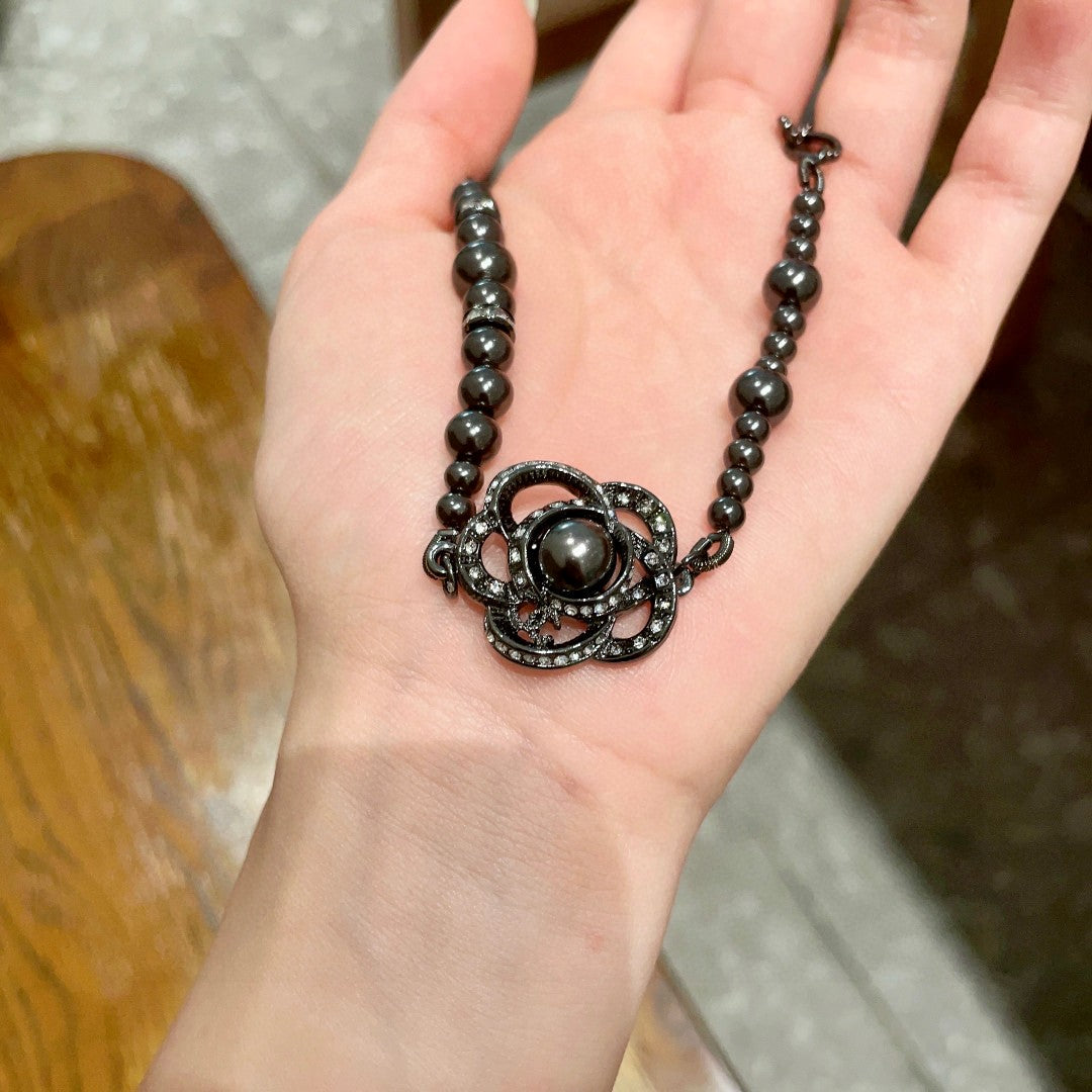 Camellia Pendant Necklace in Black-Tone side detail